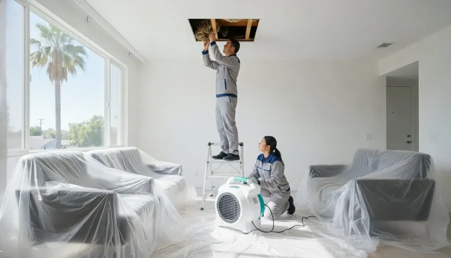 Furniture under containment during a water damage job near Hawaiian Gardens
